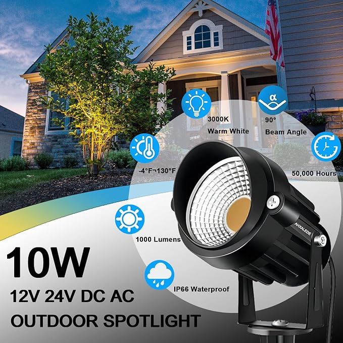 Low Voltage Landscape Lights 12 Volt LED Spotlight Outdoor Pathway Lights Wired Yard Lights Garden Lawn 10W Landscaping Lights 1000LM IP66 Waterproof Spot lighting Warm White Garden Stake Tree Light