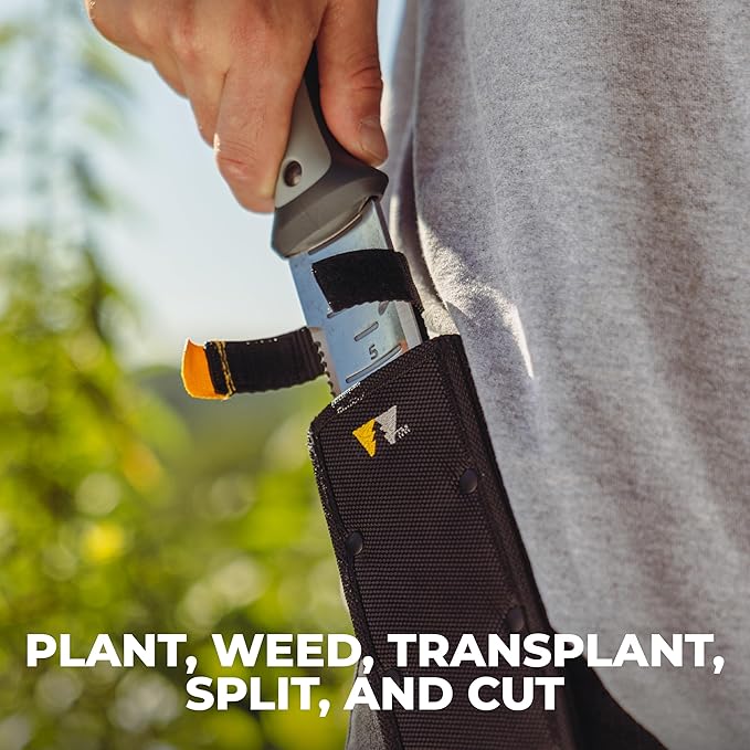 WOODLAND TOOLS Heavy Duty Hori Hori Garden Knife - Stainless Steel Soil Knife with Serrated Edge Depth Markings and Ergonomic Grip Multi-Use Weeding and Digging Tool with Sheath for Gardening