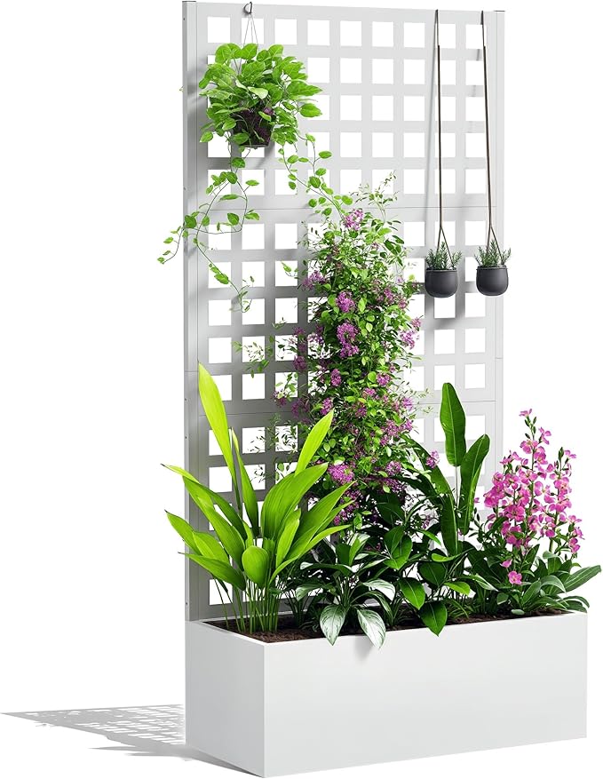 Outsunny Galvanized Raised Garden Bed with Trellis Metal Planter Box with Drainage Holes Outdoor Privacy Screen for Climbing Plants Vegetable Vines 35 x 16 x 70 White