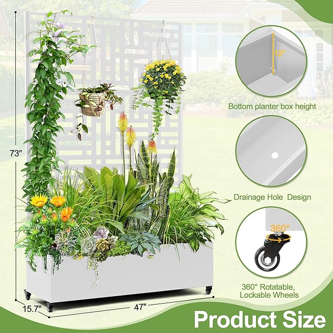 Raised Garden Bed with Trellis and Wheels73x47x16 Metal Raised Garden BedWhite Modern Metal Planter with Climbing Trellis for Vines &amp Vegetables