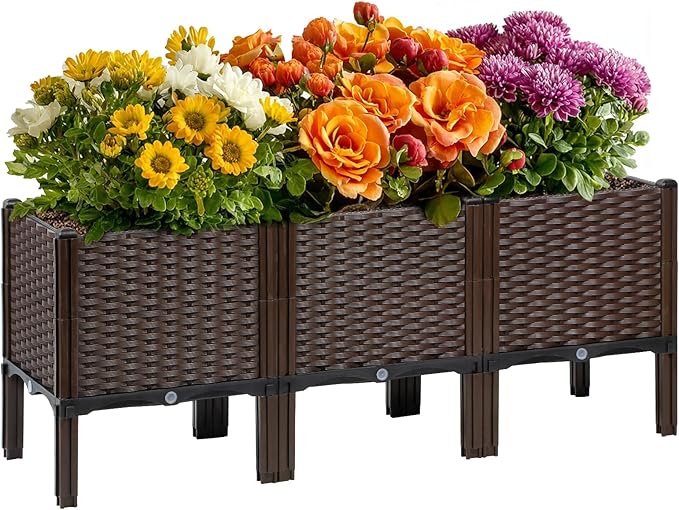 Rattan Raised Garden Bed with Legs-Rectangular Elevated Deep Planters for Outdoor Plants Self Watering Planter Box 47L x 16W x 20H Rectangular Deep Garden Bed for Vegetables Flowers Herbs