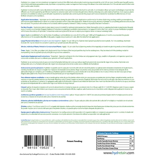Hydretain Root Zone Moisture Manager - Drought Protection and Moisture Control for Lawns Gardens Containers - Reduces Watering Delays Wilt - Covers up to 6000 Sq Ft (15 lbs Granule)
