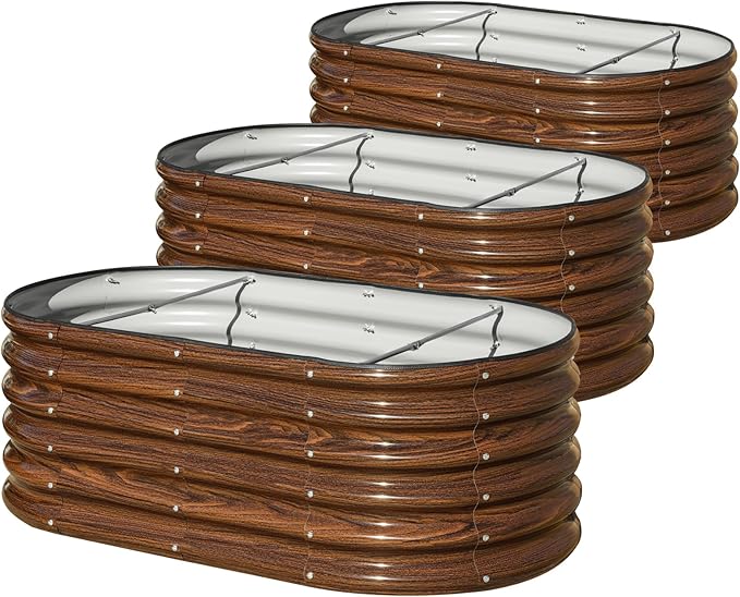SnugNiture 3 Pcs 4x2x1.5ft Raised Garden Bed Outdoor 17 Tall Galvanized Metal Planter Box Oval Raised Garden Bed Kit for Planting Vegetables Plants Fruits Brown