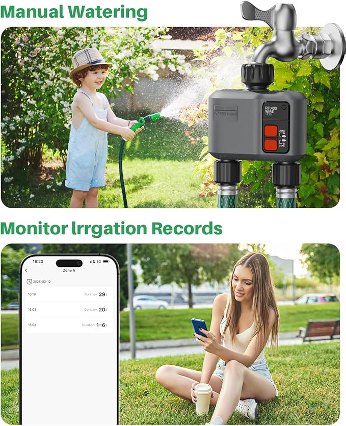 WiFi Sprinkler Timer 2 Zone with 984 Feet RF Gateway 2 Outlet Smart Water Timer for Garden Hose with Rain Delay/Manual/AutomaticWiFi Water Hose Timers for Garden &amp Lawns