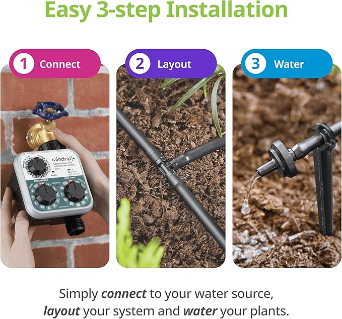 Raindrip R560DP Drip Watering System Automatic Drip Irrigation System with Timer for Containers and Hanging Baskets Waters up to 20 Plants Includes 20 Drippers Black