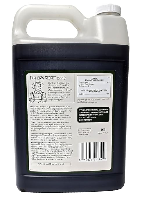 Farmer’s Secret Greenup Fertilizer - Super Concentrated and Fast Acting - High Nitrogen Fertilizer Plus Sugar for Fast Shot of Green for All Types of Lawns and Turfs (128oz)