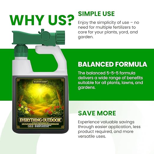 Humboldts Secret Everything Outdoor Plant Food | 5-5-5 Liquid Fertilizer with Norwegian Kelp | All Purpose Lawn Vegetable &amp Fruit Food | Garden Nutrients | Refillable Hose End Bottle | 32 Ounce