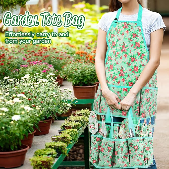 Garden Tools Set JUMPHIGH 10 PCS Heavy Duty Gardening Tools Includes Hand Trowel Rake Weeder Pruner Gardening Gifts for Women Garden Kit with Tote Bag Apron Gloves Kneeling Pad