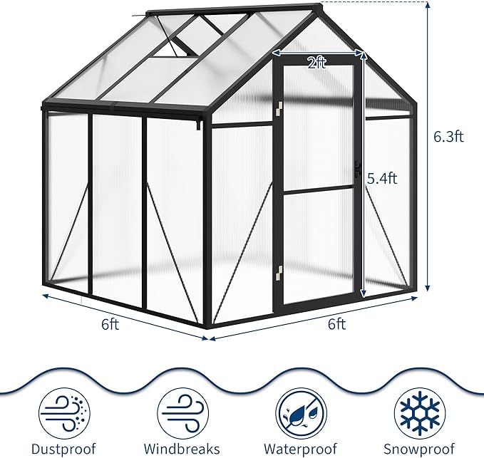 6X6 FT Greenhouse for Outdoors Large Walk-in Polycarbonate Greenhouse Kit Aluminum Frame Lockable Door Roof Vent Ground Spikes for Garden Patio Backyard Outdoor Plant Growth