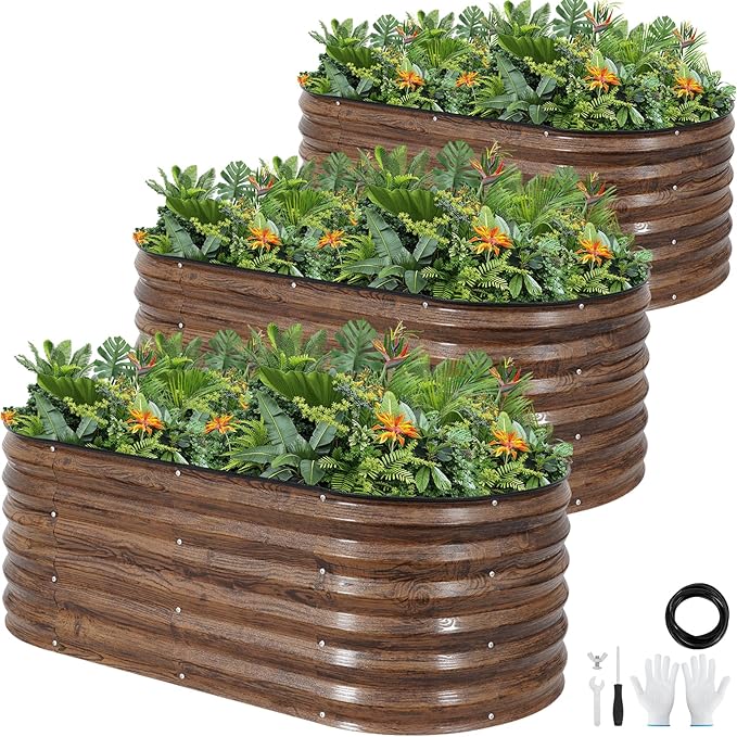Galvanized Raised Garden Bed Outdoor |17'' Tall Planter Box Outdoor for Deep Root Plants | 3Pcs Raised Bed Kit for Gardening with Rubber Strip for Vegetables Flowers Fruits (Grain 4x2x1.4FT)