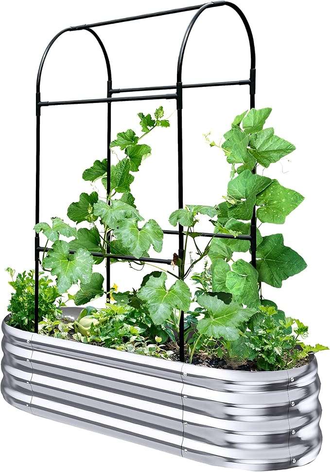 KING BIRD Raised Garden Bed with Arched Trellis Galvanized Planter Garden Box Outdoor for Gardening Climbing Vegetables Flowers 3.94x1.97x0.98 Ft Silver