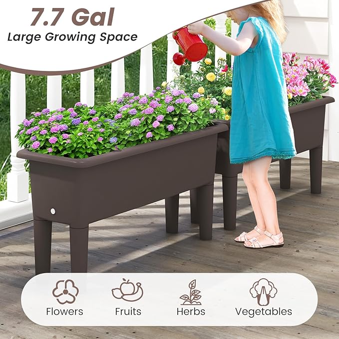 Giantex Raised Garden Beds Outdoor Set of 2 Self-Watering Planter Box with Detachable Legs &amp Drainage Hole Outdoor Raised Container for Vegetable Fruit Herbs 31.5”Lx12”Wx16”H Easy Assembly (Br