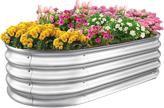 Sponvatt Raised Garden Bed - Outdoor Galvanized Raised Garden Bed Planter Boxes Large Oval Metal for Gardening Planter Box KitSuitable for VegetablesHerbs and Flowers Silver (4x2x1Ft)