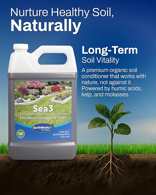 Sea3 Soil Conditioner | Organic Liquid Fertilizer with Humic Acids Kelp &amp Molasses for Healthier Lawns Vibrant Gardens &amp Resilient Plants 1 Gallon