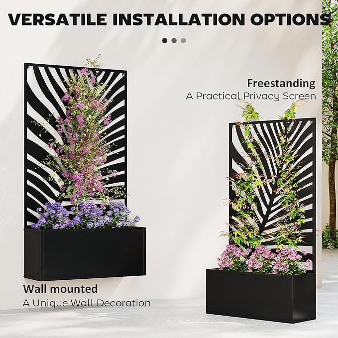 Outsunny Metal Raised Garden Bed with Trellis for Climbing Plants Freestanding or Wall Mounted Flower Bed with Privacy Panel Large Leaf Cut-Out Outdoor Planter Box for Garden Patio Balcony