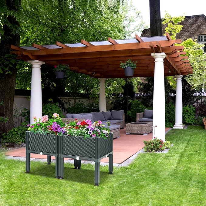 MAYOLIAH Raised Garden Bed with Drainage Elevated Planter Box Plastic Raised Beds for Gardening Vegetables Herb Flowers Perfect for Indoor Outdoor Planting 2 Boxes Grey