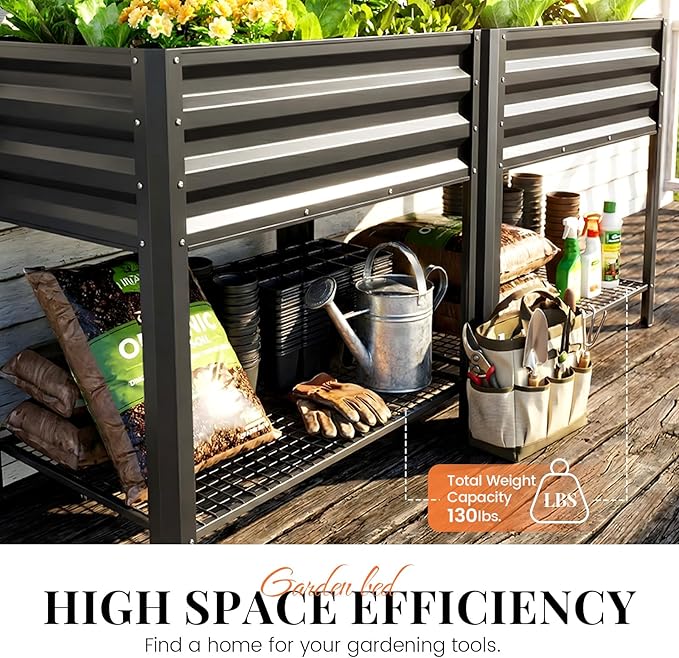 KING BIRD Large Raised Garden Bed with Legs &amp Storage Shelf Galvanized Elevated Planter Box for Backyard Patio Balcony 600lb Capacity Dark Grey 70.9x22.8x31.5 in