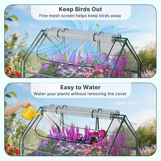 Miory Raised Garden Bed with Cover 3.9x2.5x1ft Galvanized Steel Planter with Mini Greenhouse Cover Dual Zippered Screen Windows Open Base for Vegetable Gardening
