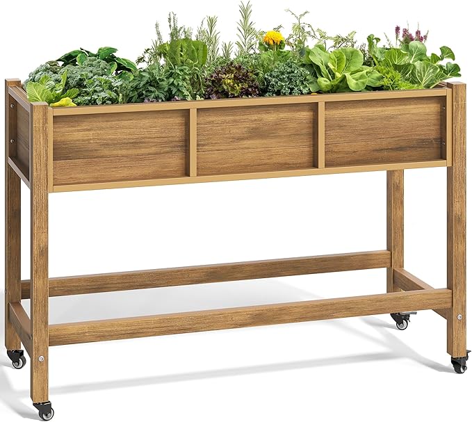 YITAHOME Raised Garden Bed HDPE 47x18x31In Poly-Wood Weather-Resistant Raised Flower Bed Elevated Planter Box with Lockable Wheels for Vegetables Brown