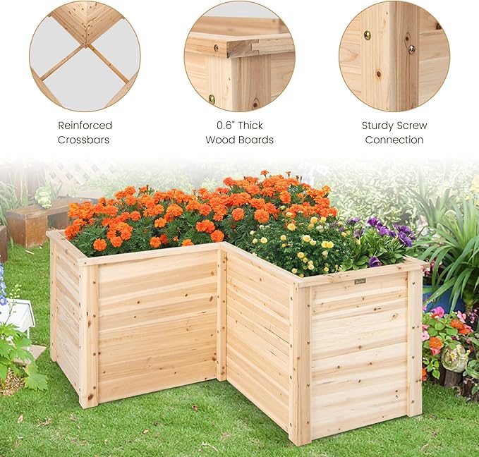 Giantex Wood Raised Garden Bed 47.5x47.5x24.5 Elevated Planter Box w/Open-Ended Base for Deep-Rooted Plant Vegetable Fruit Flower Outdoor Solid Wood Planter for Patio Backyard