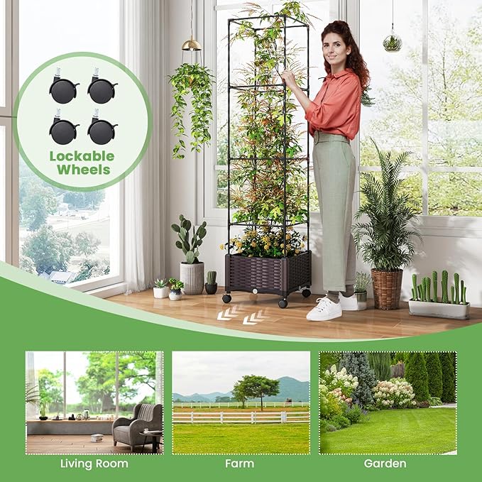 S AFSTAR Raised Garden Bed with Tomato Cage 67 Planter Box W/Trellis &amp Lockable Wheels Free Height Combination Self-Watering Plastic Garden Box Plant Container for Climbing Plants Vegetable (1)