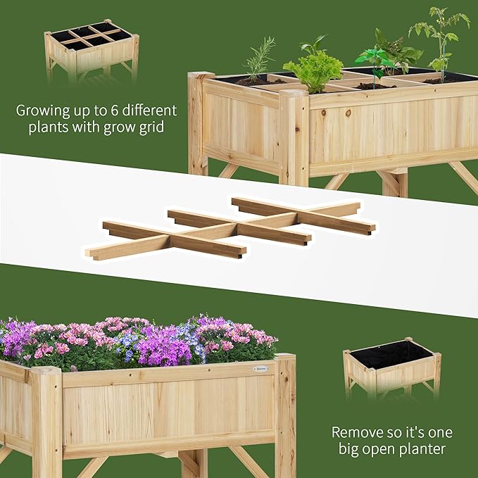 Outsunny Raised Garden Bed Wood 6 Grid 31 x 23 with Storage Shelf Water Draining Planter Box for Vegetables Flowers Herbs Patio