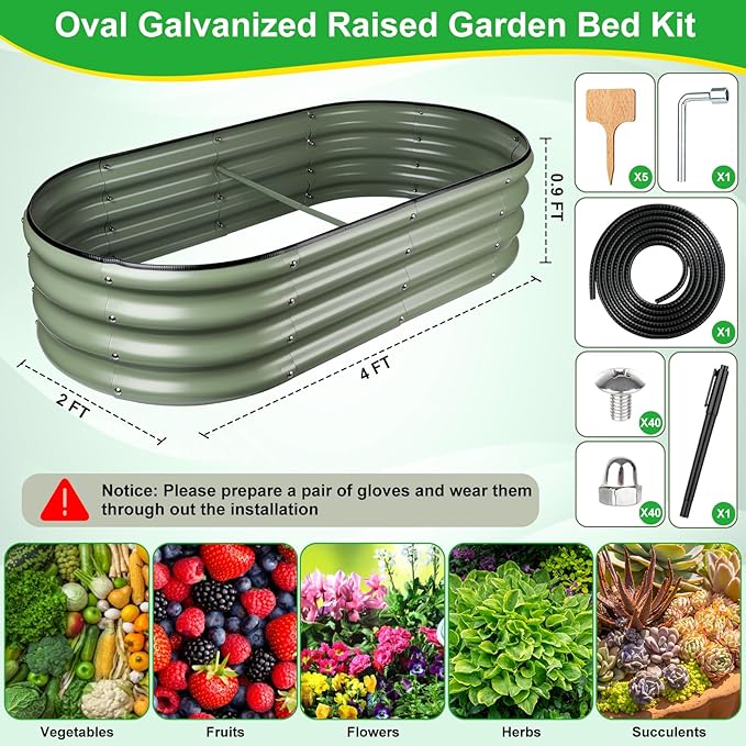 Olive Green 4x2x0.9ft Raised Garden Bed Deep Metal Garden Bed Large Galvanized Raised Garden Beds Outdoor Raised Planter Box Kit for Vegetables Flowers Fruits