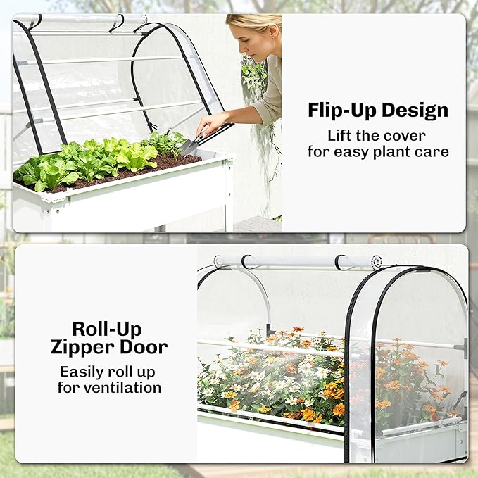 Outsunny Raised Garden Bed with Flip-Up Greenhouse Cover Metal Elevated Garden Bed with Legs and Drainage Hole Outdoor Raised Planter Box for Vegetables Herbs Flowers 39.4 x 19.3 x 53.5 White