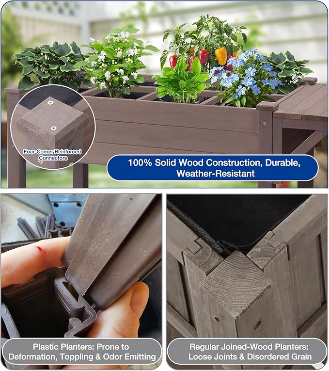 Raised Garden Bed Outdoor with Wheels 52.7 Elevated Wooden Garden Bed with 8 Planter Boxes Removable Dividers Storage Shelf Standing Mobile Planter with Non-Woven Liner