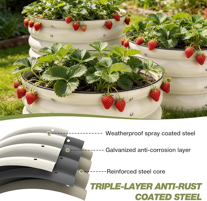 SHALL 8PC Galvanized Raised Garden Bed Kit 3Pc 2x2x1ft Round Planter Boxes Outdoor W/Mini Seed Spreader Disk Seeder 2X Seeding Transplanters Protective Gloves for Flowers Fruits Vegetables Herbs