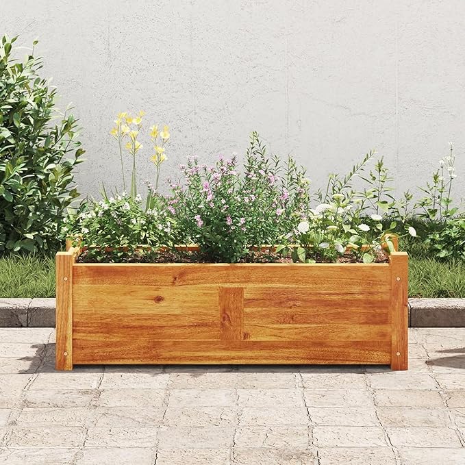 Garden Raised Bed Wooden Raised Flower Bed Planter Outdoor Indoor Solid Acacia Wood Brown Box Elevated Planter Square Raised Garden Box Vegetable Herb Container Compact Easy Assembly
