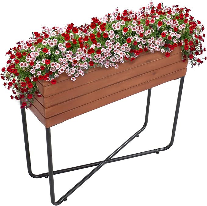Sunnydaze Slatted Acacia Wood Raised Garden Bed with Legs - Oil-Stained Finish - Powder-Coated Steel Frame - Removable Insert - 23.5-Inch H