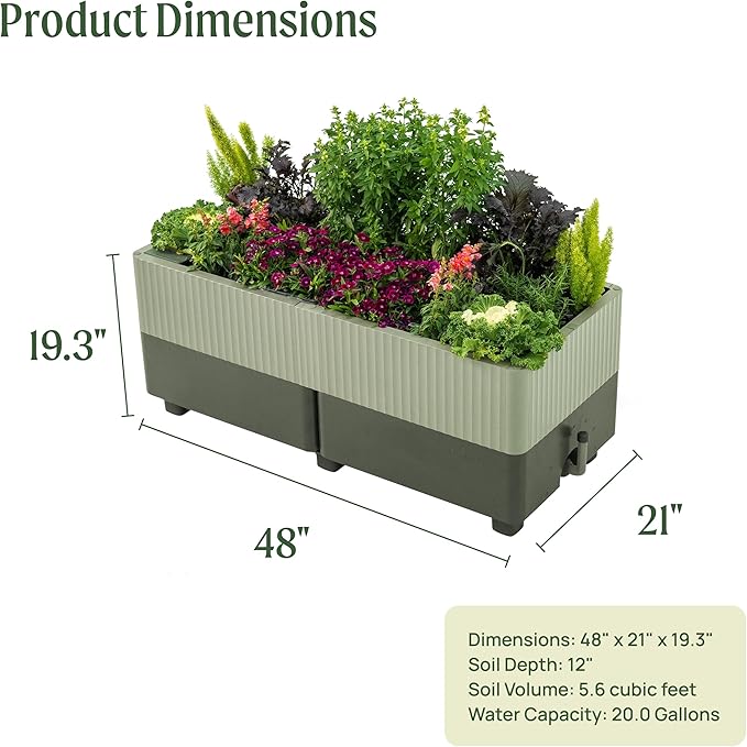 Vego garden EZCube Self Watering Planter Box Outdoor Raised Garden Bed with Water Gauge for Balcony Rooftop Patio Backyard 21 x 48 Sage Green