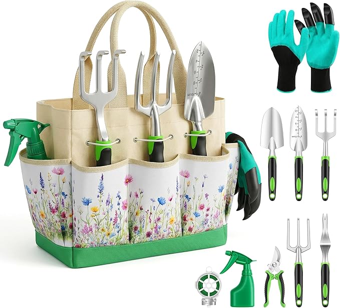 Gardening Tools 10-Piece Heavy Duty Garden Tool Set with Fashion and Durable Garden Tools Organizer Handbag Rust-Proof Gardening Hand Tools Weeding Kit Ideal Gardening Gifts for Women