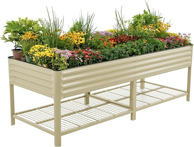 Elevated Raised Garden Bed- Jumbo Series 3' x 8' Outdoor Planters Boxes with Legs &amp Storage Rack for Patio 2000+ Lbs Weight Capacity Raised Beds for Gardening Herbs Vegetables Flowers Pearl Wh