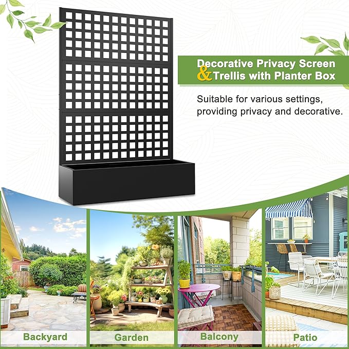 FENCY Metal Raised Garden Bed with Trellis Metal Planter Box with Trellis Garden Box for Climbing Plants Vegetable 47''Lx16''Wx71''H Garden Bed with Drainage Holes(Black)