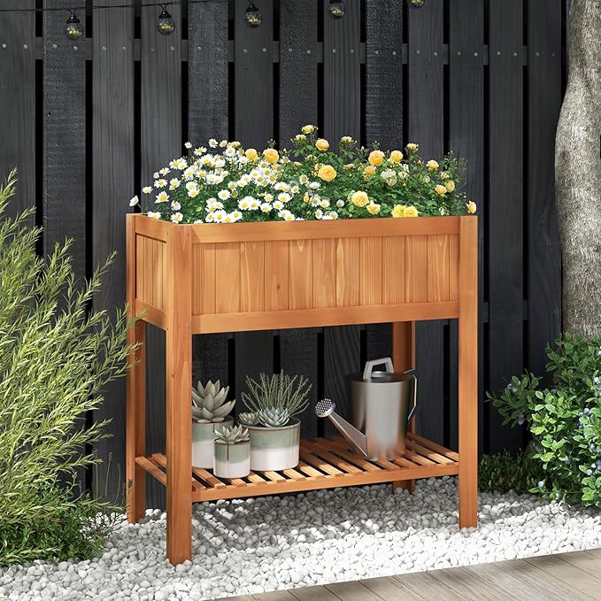 2-Tier Elevated Garden Planter Bed Fir Raised Garden Bed Outdoor with Legs &amp Storage Shelf for Vegetables Flowers &amp Herbs Wooden Planter Box Raised Bed for Gardening Balcony &amp Porch