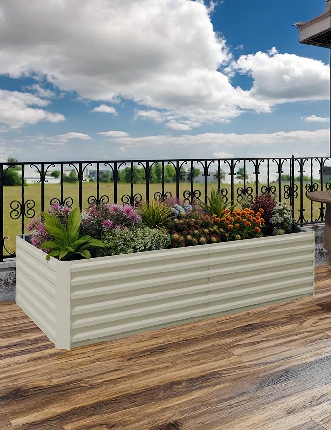 8x4x2ft Galvanized Raised Garden BedDeep Root Planter Box for VegetablesFlowersHerbs-Large Metal Raised Garden Bed Kit OutdoorBeige