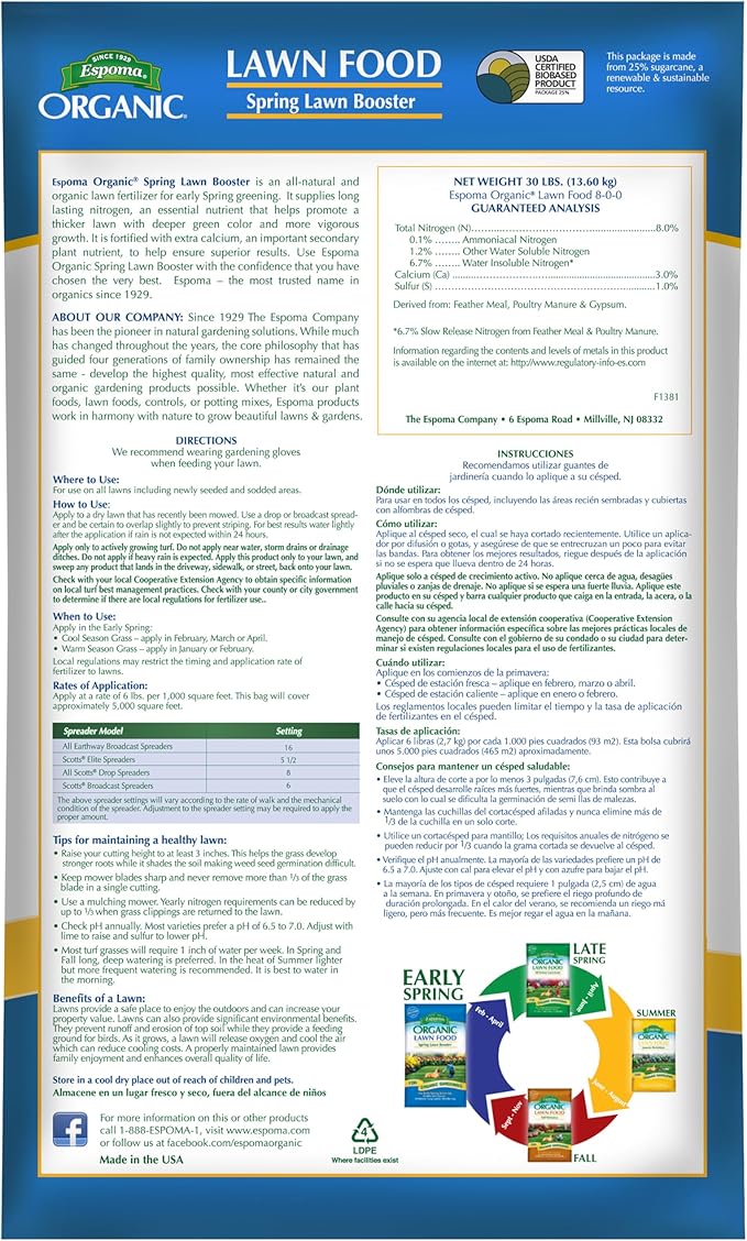 Espoma Organic Spring Lawn Booster 8-0-0 Natural &amp Organic Lawn Fertilizer. Long Lasting Slow-Release Nitrogen Enhanced with Calcium. 30 lb. Bag Covers up to 5000 Sq. Ft.