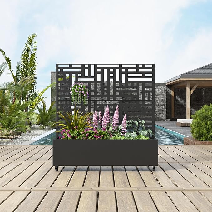 47x47x16 Metal Raised Garden Bed with Trellis Trellis with Planter Box for Backyard Patio Balcony Climbing Plants Black Helen
