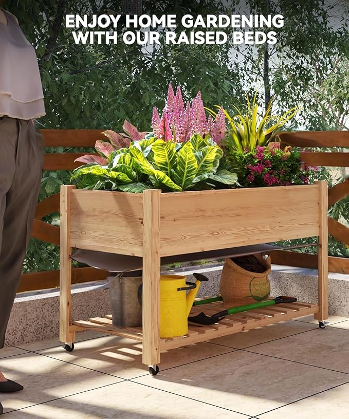 Wooden Raised Garden Bed with Legs – Includes Bed Liner and Bottom Shelf Ideal for Growing Flowers Vegetables and Herbs on Patio Deck Balcony or Backyard Natural Finish 48x24x32