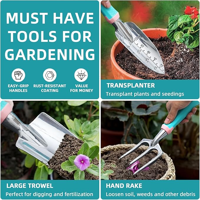 MelonArt Garden Tool Set8 Pcs Gardening Hand Tool Starter Kit for Women Heavy Duty Outdoor Tool Kit Aluminum Alloy with Non Slip Ergonomic Handle Ideal Gifts for Women and Men Green&ampPink