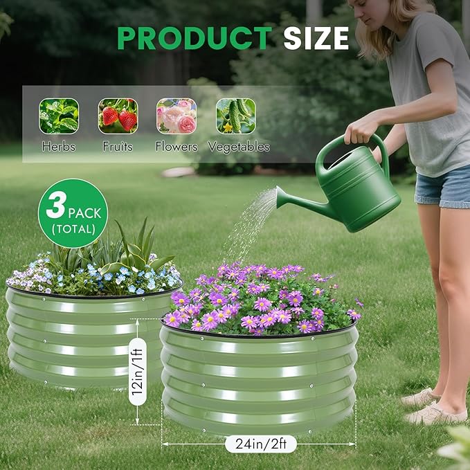 INNO STAG 3 Pcs Round Galvanized Raised Garden Bed — 2×2×1ft Planter Box Outdoor Raised Beds Kit for Gardening Vegetables Fruits Herbs and Flowers Olive Green