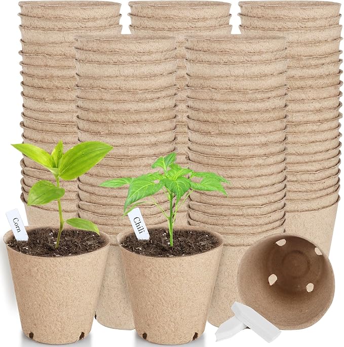 132 Pack Organic Peat Pots 3.15 Inch Nursery Pot Round Plant Seedling Pots with Drainage Holes Small Seed Starting Starter Tray Bulk Garden Germination Container with 132 Planting Labels(8 cm)