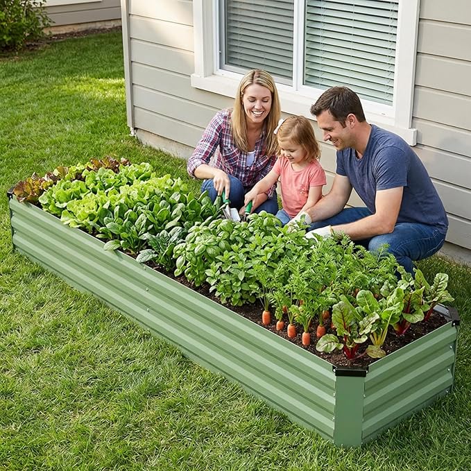 INNO STAGE Galvanized Raised Garden Bed Kits 8x2x1ft Metal Raised Garden Beds Outdoor Large Steel Raised Planter Bed with Gloves for Vegetables &amp Flowers Patio Ground Planter Box(Olive Green 2P
