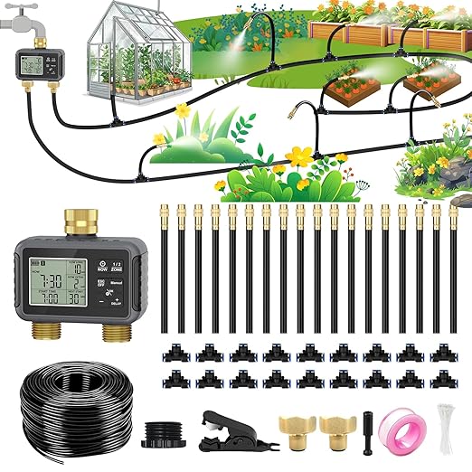 120FT Drip Irrigation System with Smart Water Timer – Automatic Garden Watering Kit with Dual Metal Tube Brass Connectors 360° Adjustable Nozzles &amp Bendable Tubing for Garden Greenhouse &amp La