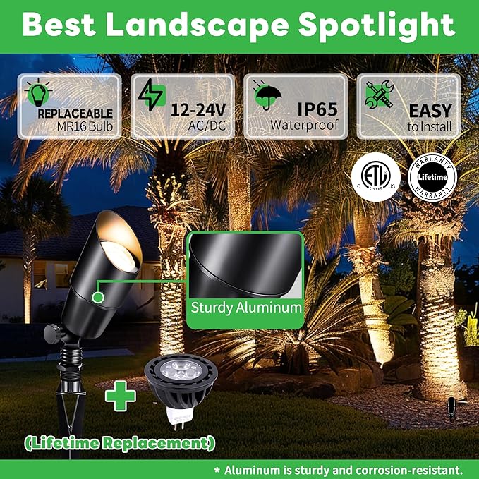 12V Landscape Spotlight Bundle - 12 Pack Spotlight 65FT 16/2 Cable Outdoor Waterproof LED Fixture for Garden Wall Tree with 5W 2700K Warm White MR16 Bulb