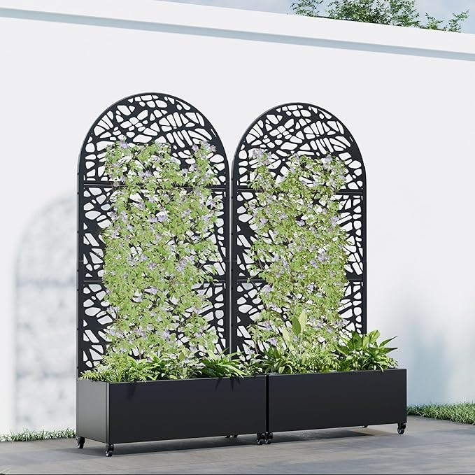 Casaphoria 72x35 Metal Raised Garden Bed with Trellis(2 Pack) Outdoor Planter Box with Wheels &amp Drainage Holes for Climbing Plants Elevated Garden Kit with Privacy Screen Black-Net Arched