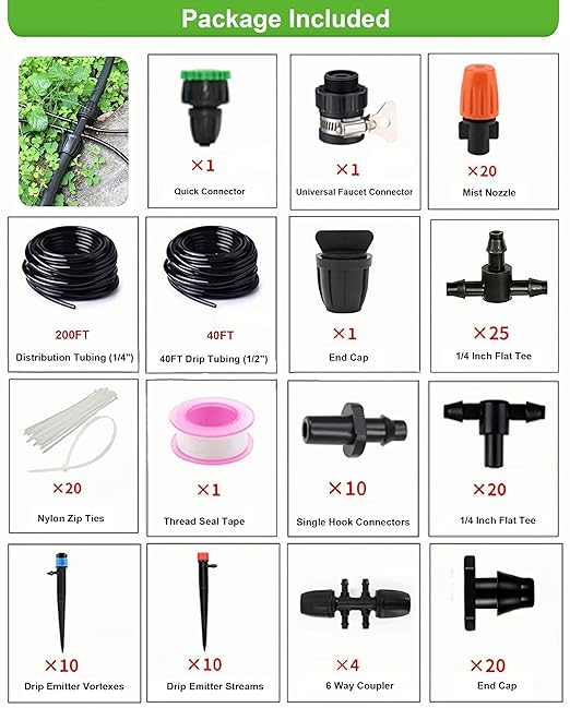 240FT Drip Irrigation System Kit Garden Watering System with 1/2 Inch Hose 1/4 Inch Distribution Tubing Nozzle Emitters and Accessories Adjustable Irrigation System for Greenhouse Yard Lawn