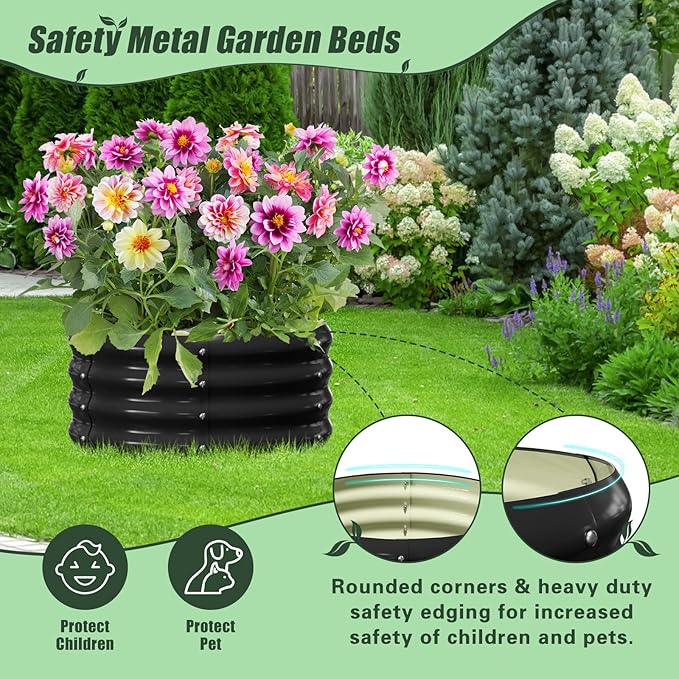 DoCred 3 Pack 2x2x1Ft Round Galvanized Raised Garden Bed Metal Garden Bed Outdoor with Tomato Cages for Gardening Above Ground Planter Box for Plants Vegetables Herbs Flowers Black